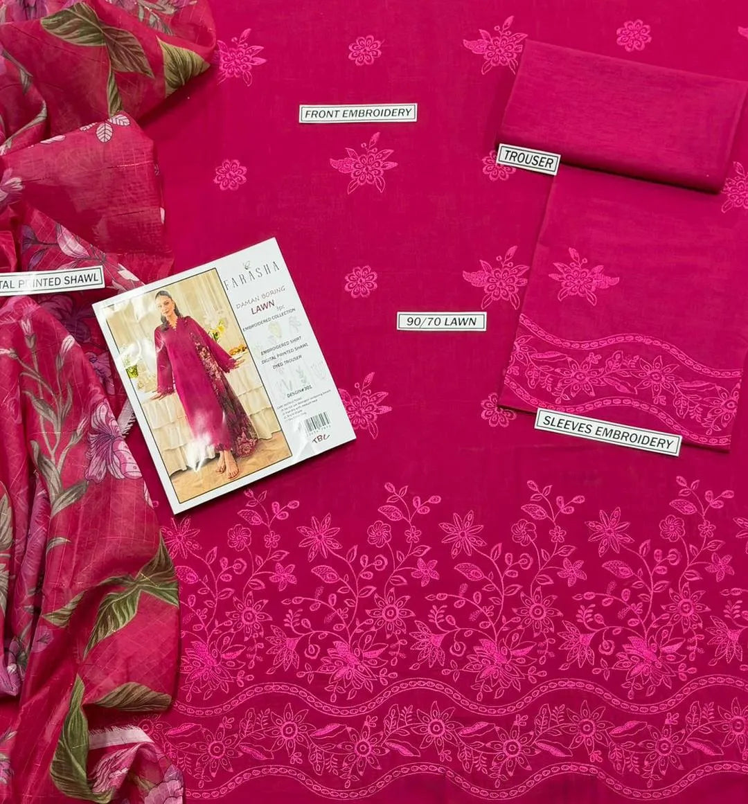 Premium Unstitched Blue Embroidered Lawn Kurta with Printed Shawl for Women