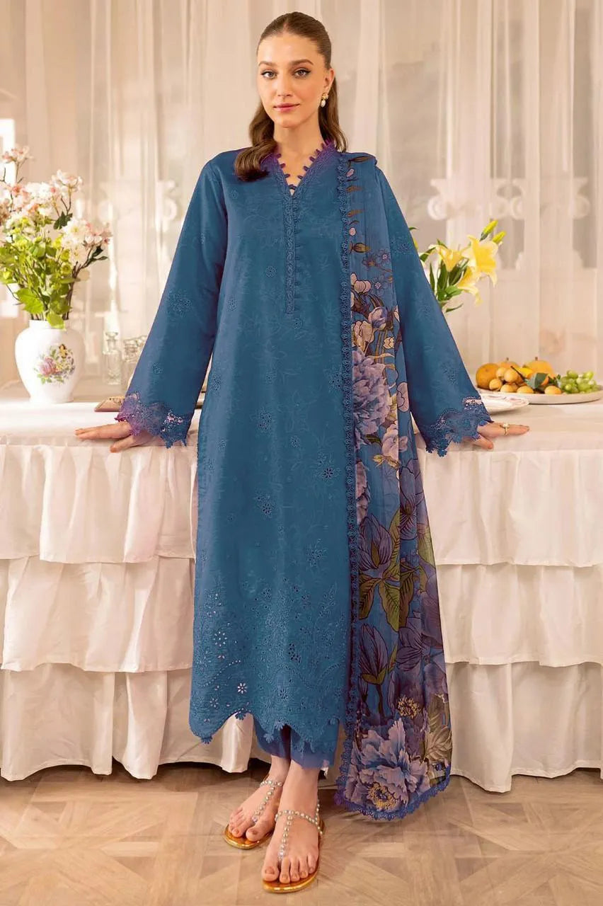 Premium Unstitched Blue Embroidered Lawn Kurta with Printed Shawl for Women