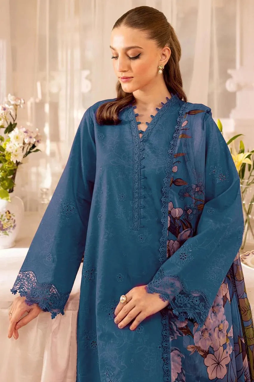 Premium Unstitched Blue Embroidered Lawn Kurta with Printed Shawl for Women