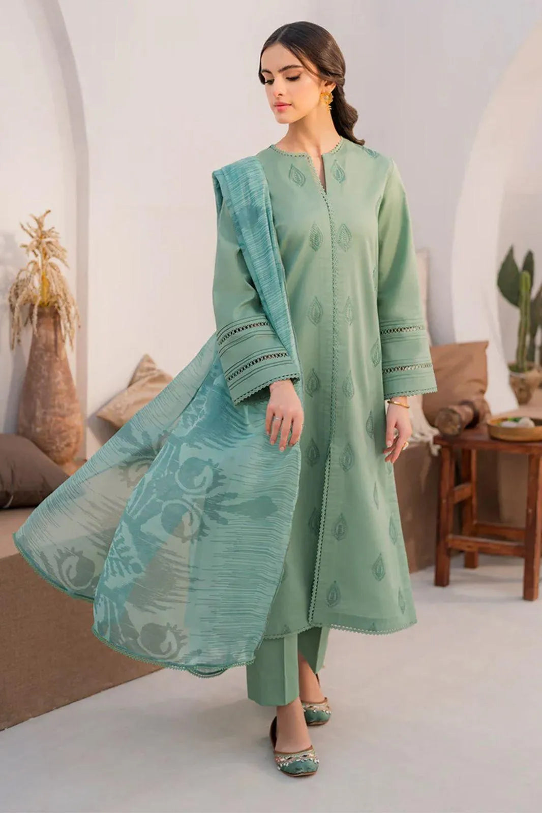 Green Embroidered Premium Lawn Unstitched 3Pcs Set for Women