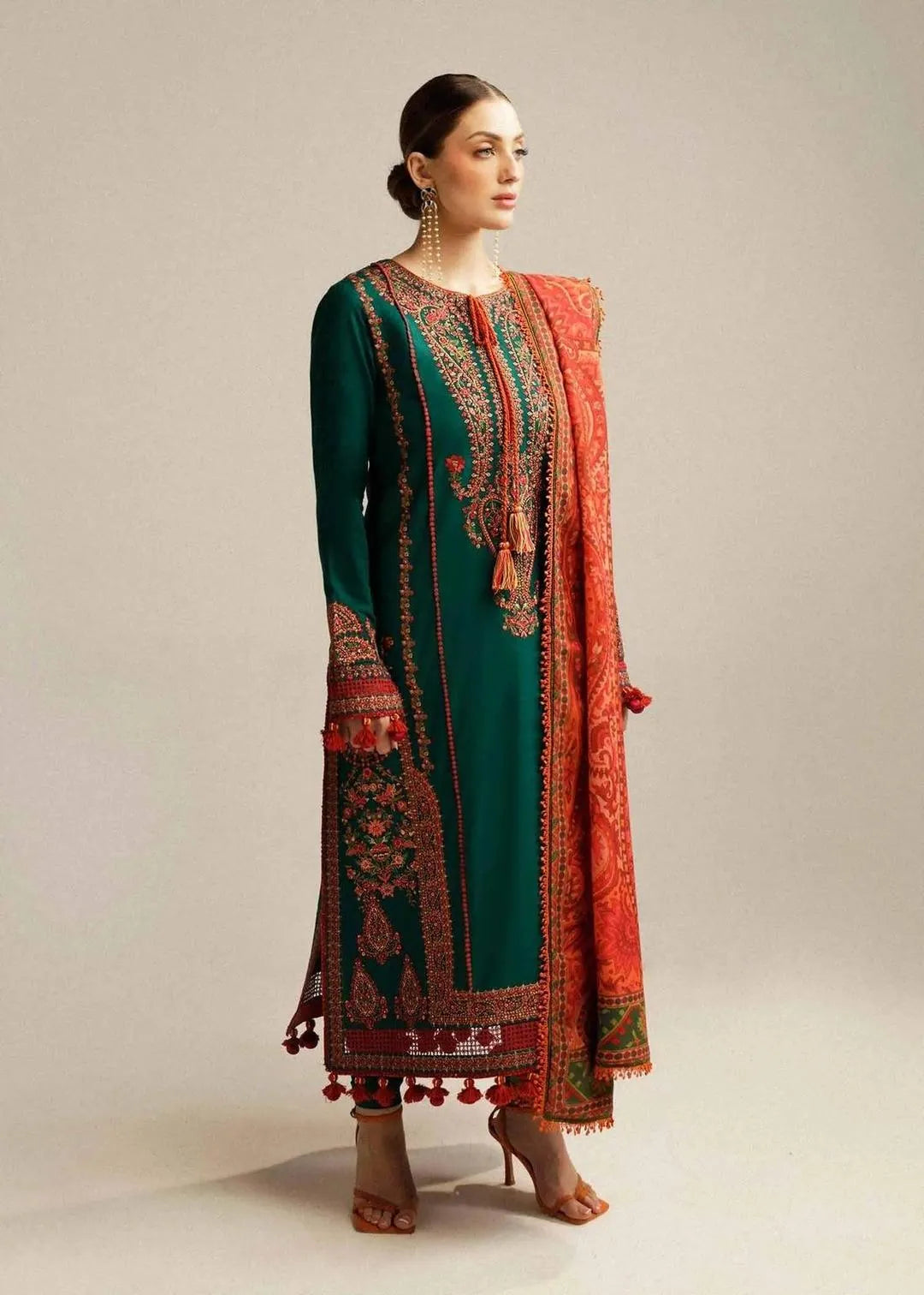 Premium Unstitched Green Embroidered Lawn 3Pcs Set for Women