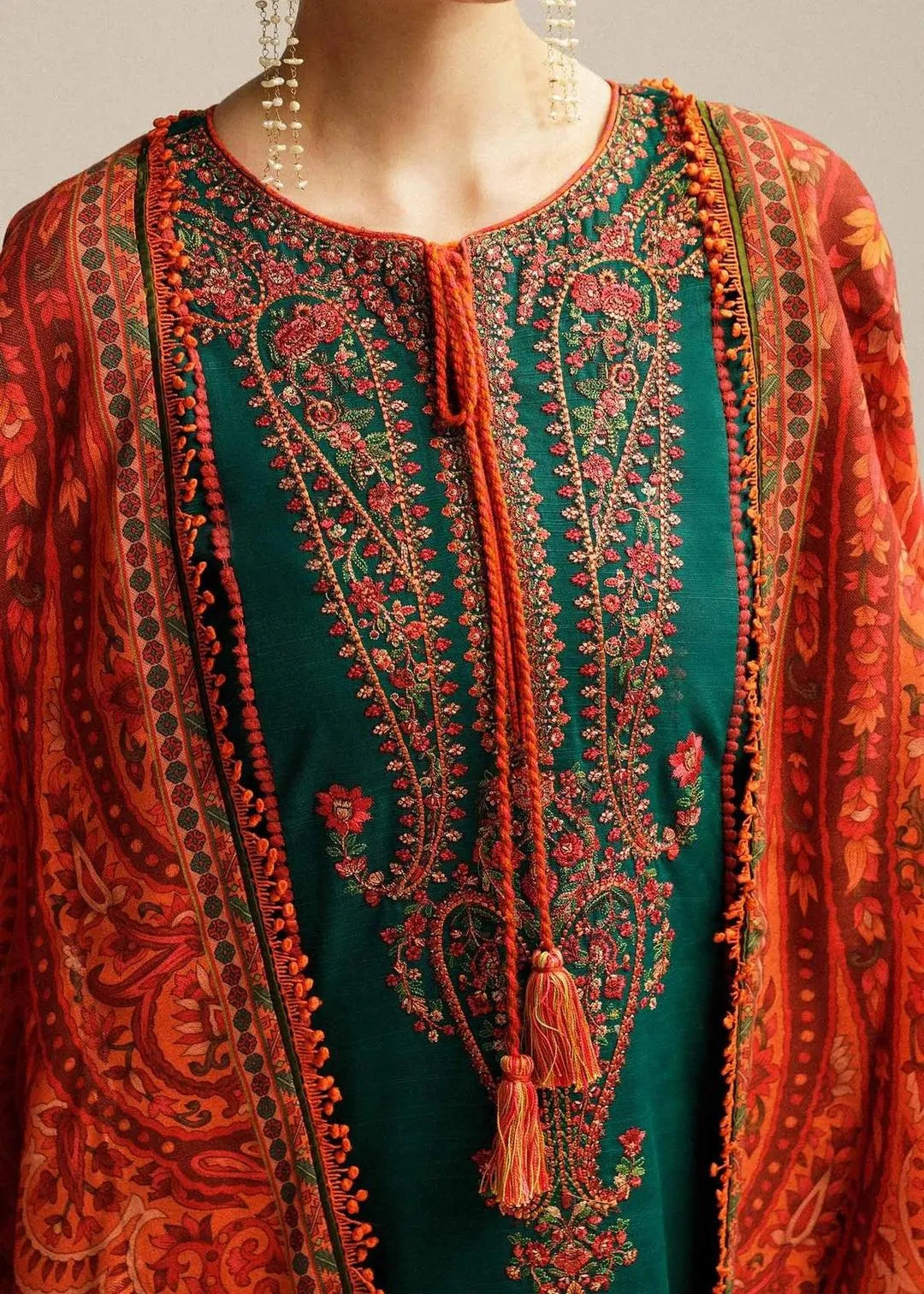 Premium Unstitched Green Embroidered Lawn 3Pcs Set for Women