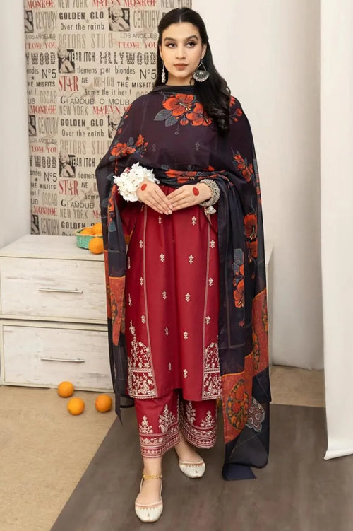 Maroon Unstitched Premium Lawn 3-Piece Embroidered Suit with Printed Dupatta