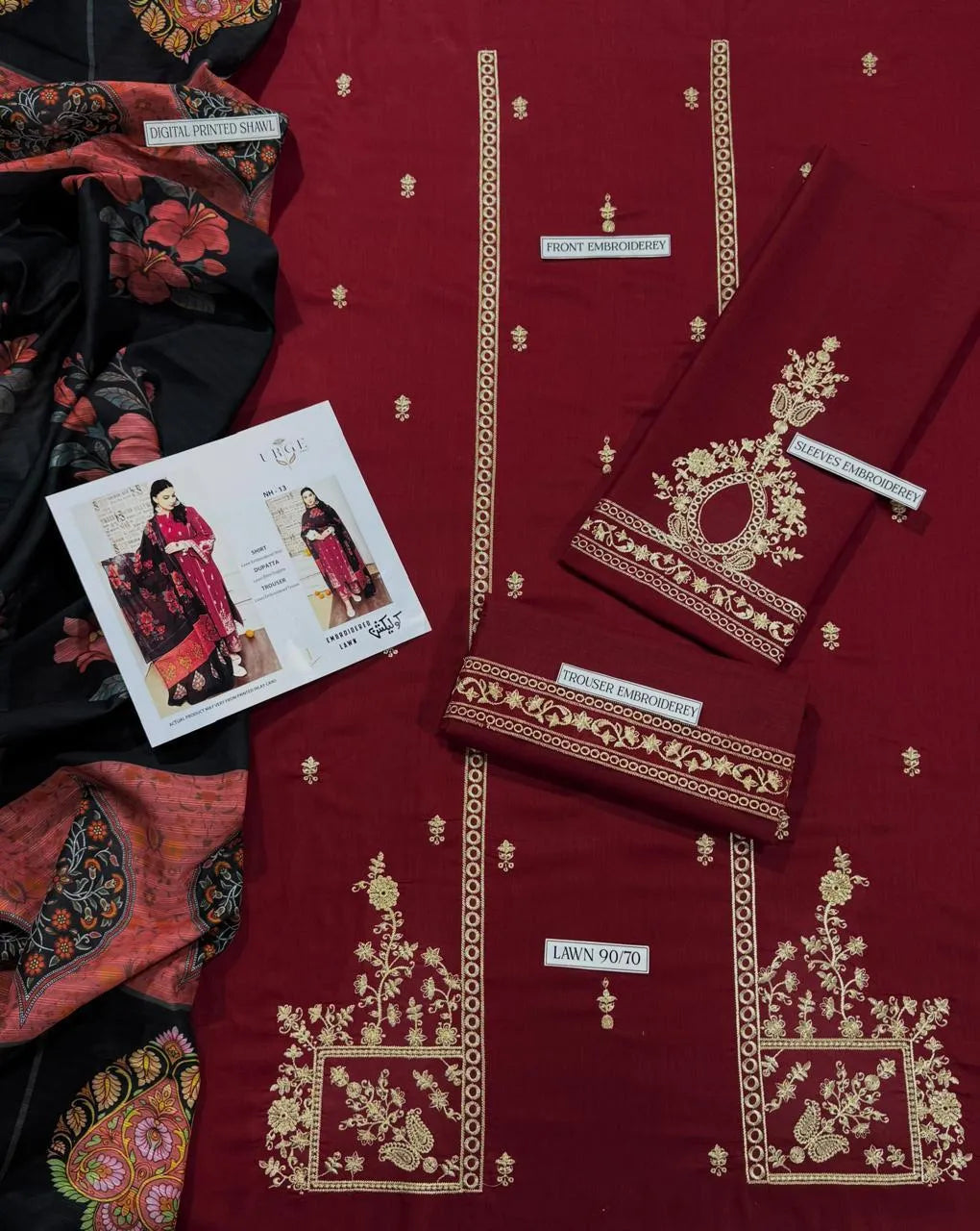 Maroon Unstitched Premium Lawn 3-Piece Embroidered Suit with Printed Dupatta