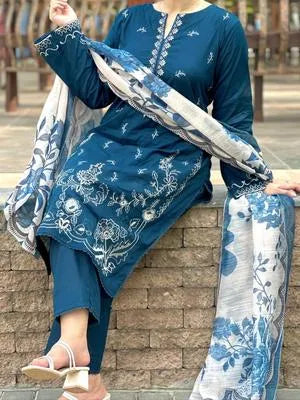 Blue Unstitched Premium Embroidered Lawn 3Pcs Set for Women